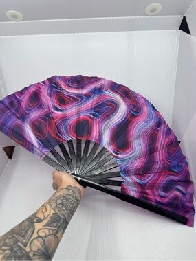 Foldable Hand Fan with Swirling Pink & Purple Pattern